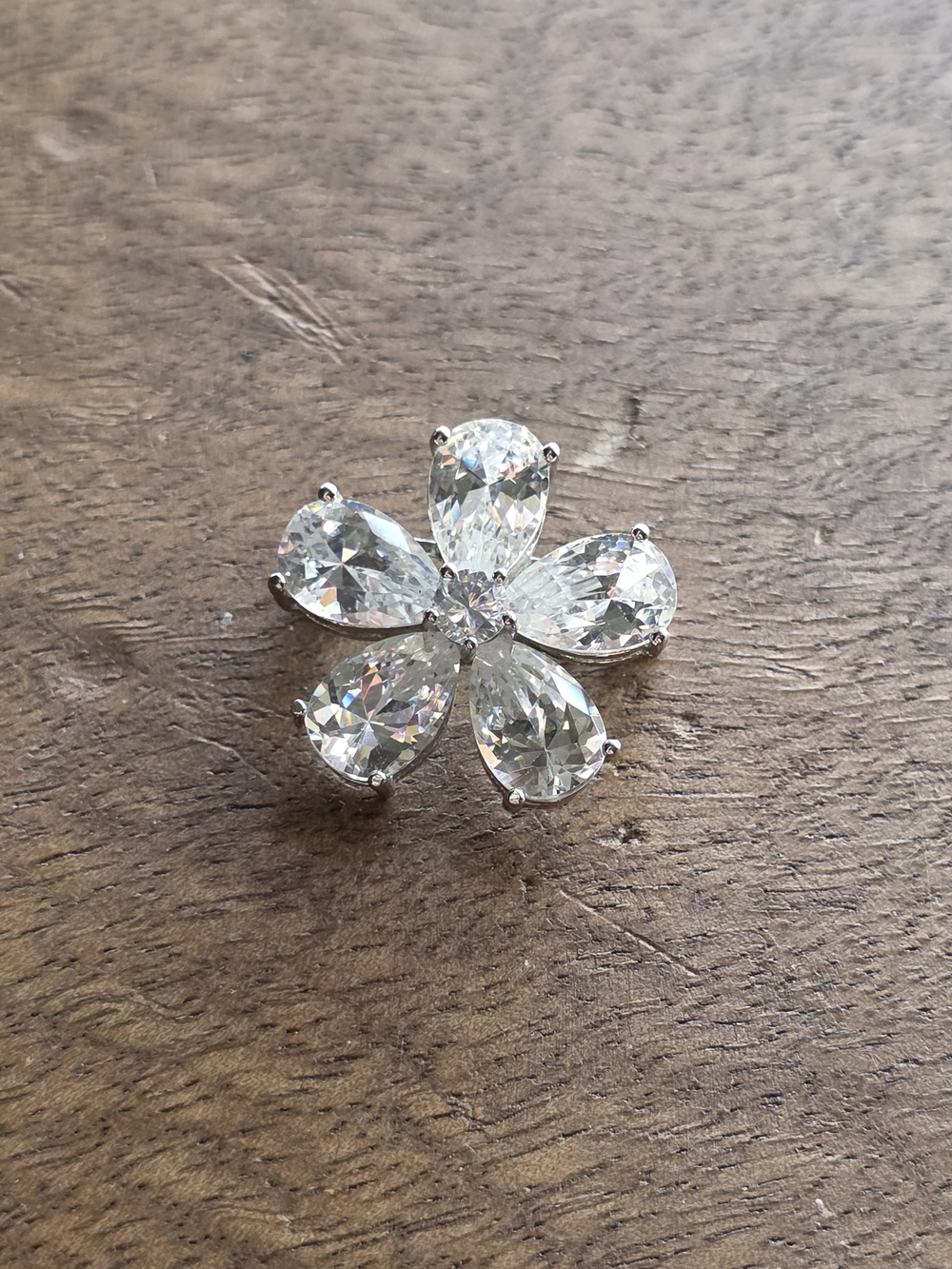 Clear Crystal Flower Brooch - Silver Tone